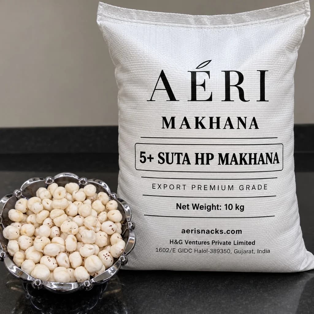 Raw Phool Makhana 5+ Suta Export Packaging Display